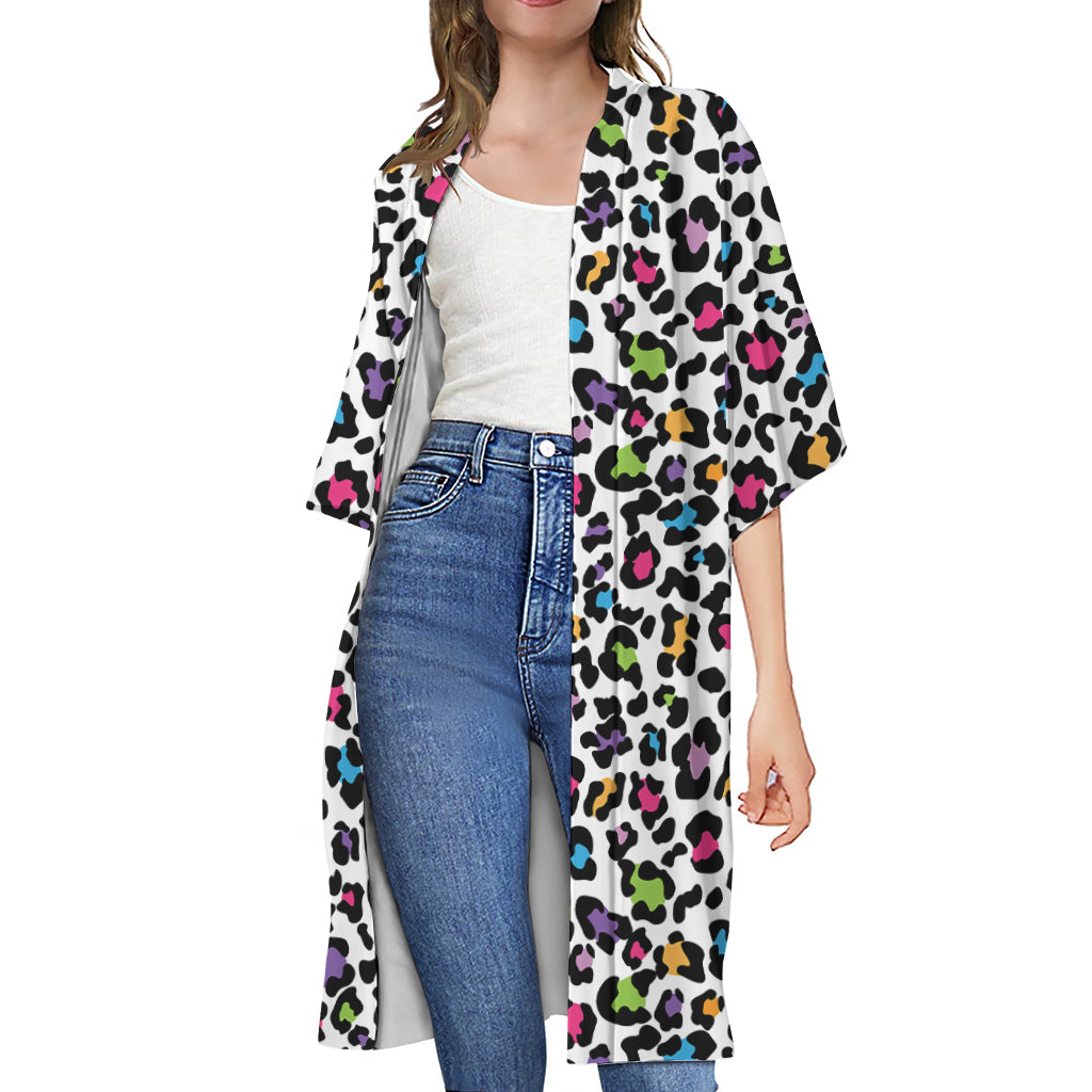 White And Rainbow Leopard Print Open Front Beach Cover Up