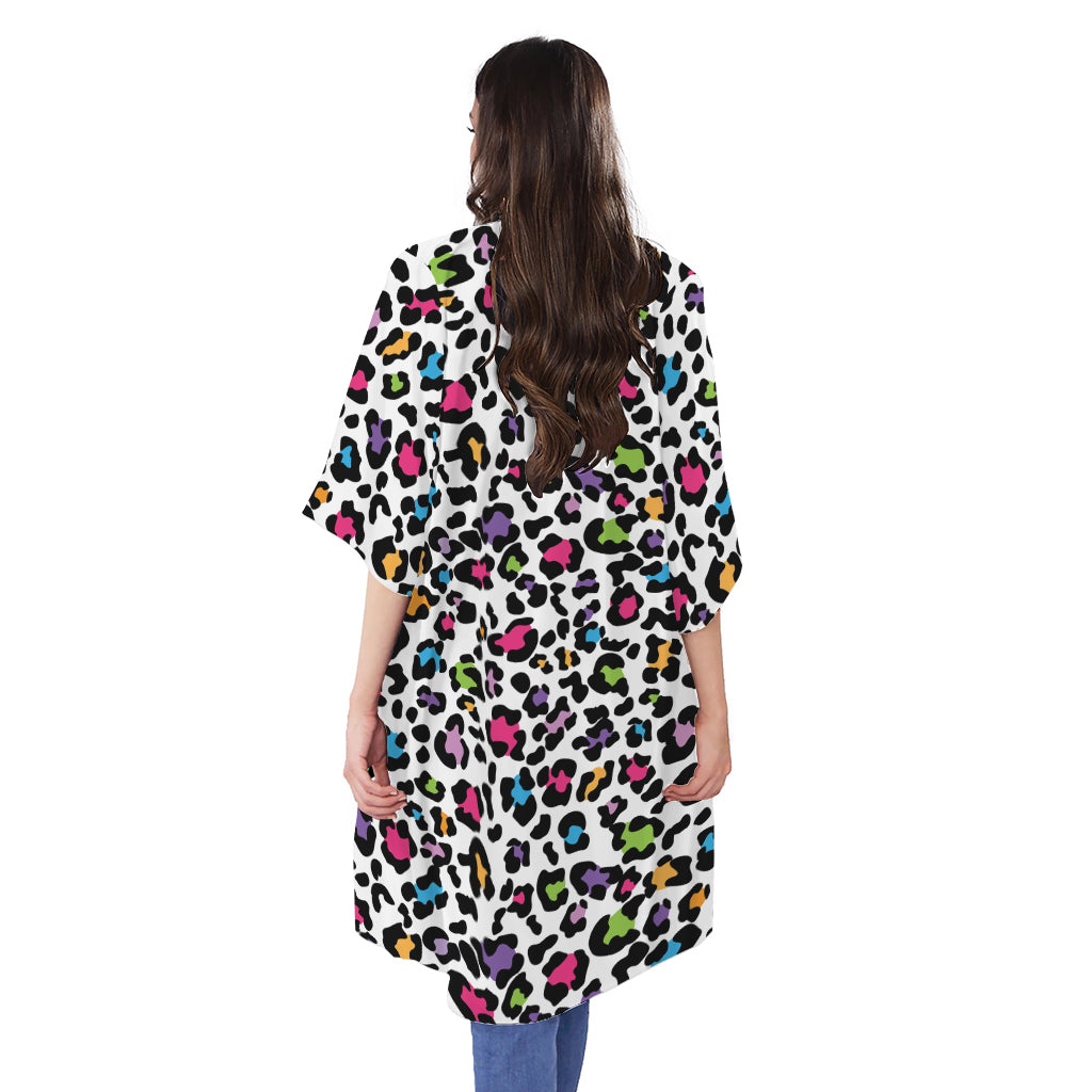 White And Rainbow Leopard Print Open Front Beach Cover Up