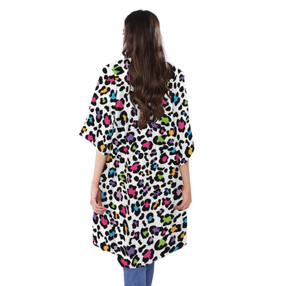 White And Rainbow Leopard Print Open Front Beach Cover Up