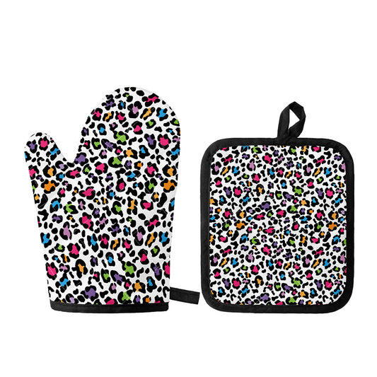White And Rainbow Leopard Print Oven Mitt And Pot Holder Set