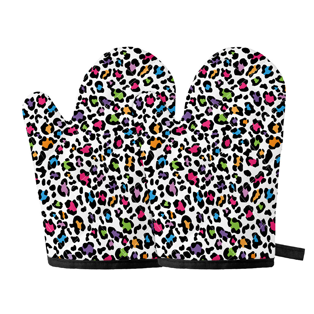 White And Rainbow Leopard Print Oven Mitts