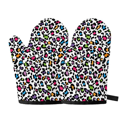 White And Rainbow Leopard Print Oven Mitts