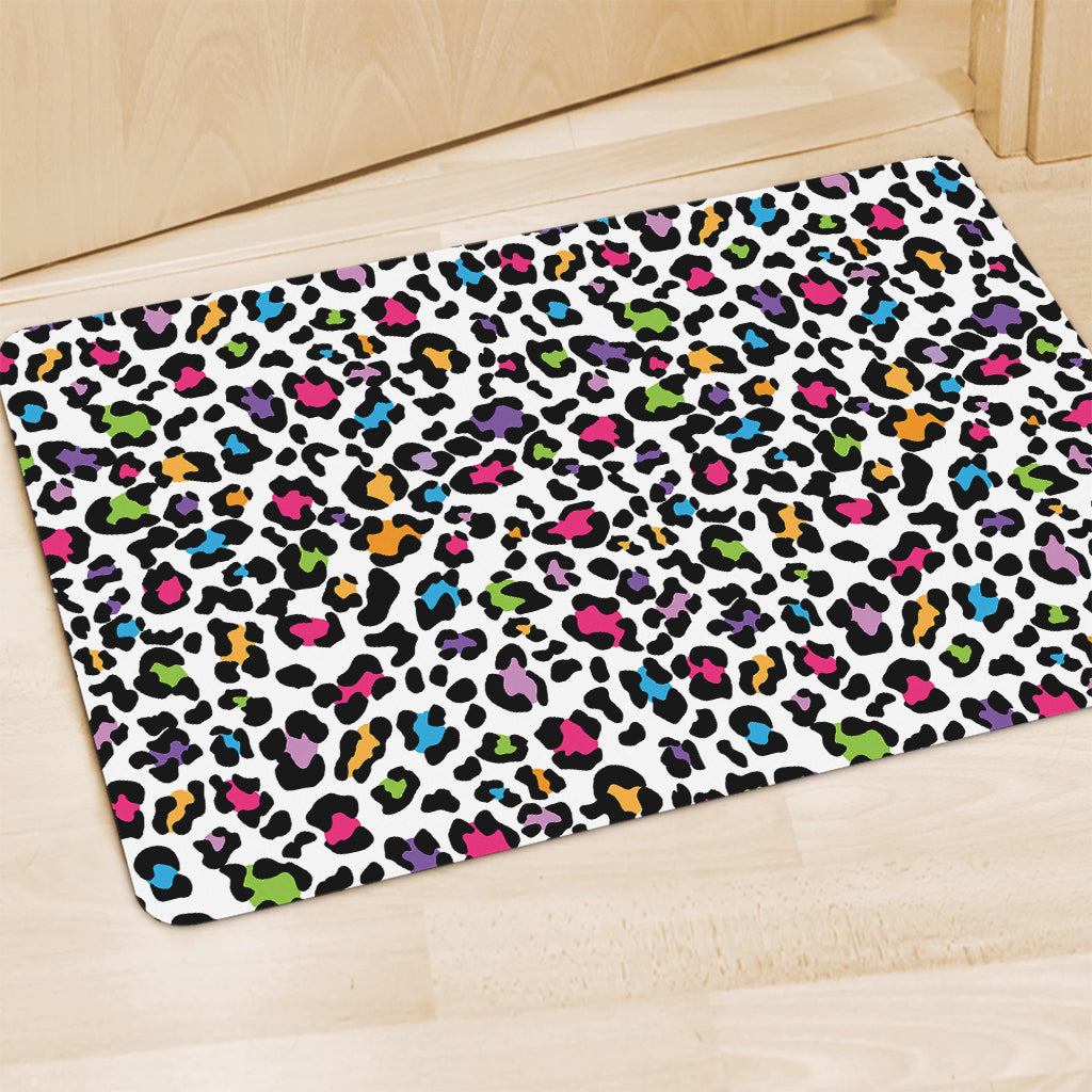 White And Rainbow Leopard Print Polyester Doormat