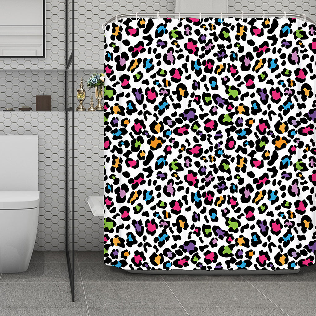 White And Rainbow Leopard Print Polyester Shower Curtain