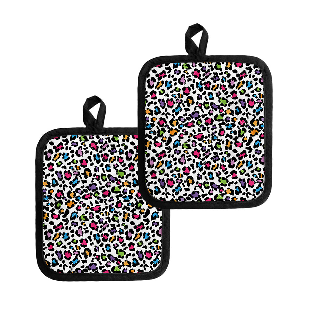 White And Rainbow Leopard Print Pot Holders