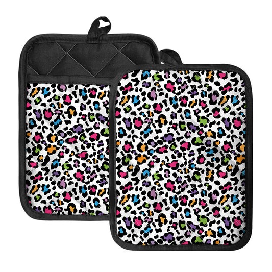 White And Rainbow Leopard Print Pot Holders With Pocket