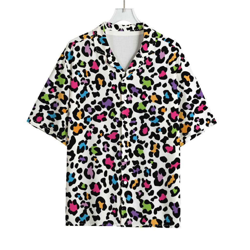 White And Rainbow Leopard Print Rayon Hawaiian Shirt