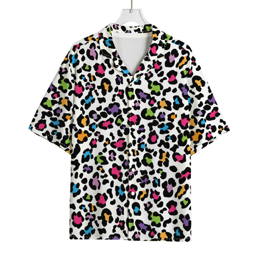 White And Rainbow Leopard Print Rayon Hawaiian Shirt