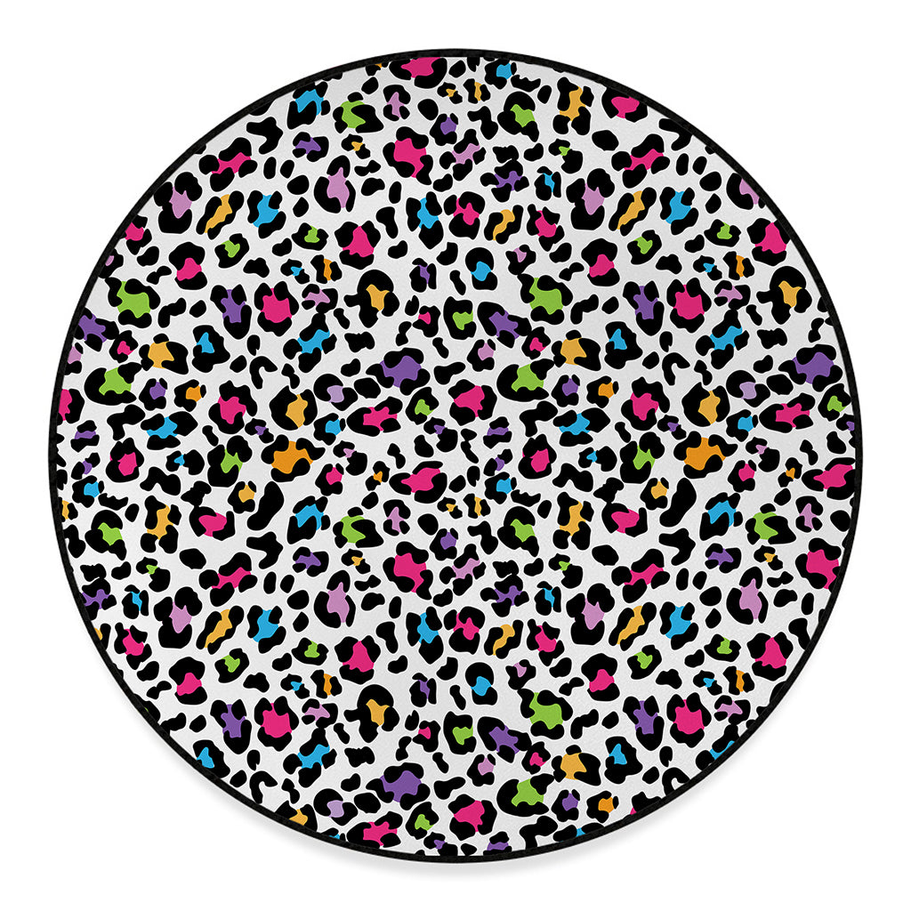 White And Rainbow Leopard Print Round Floor Mat