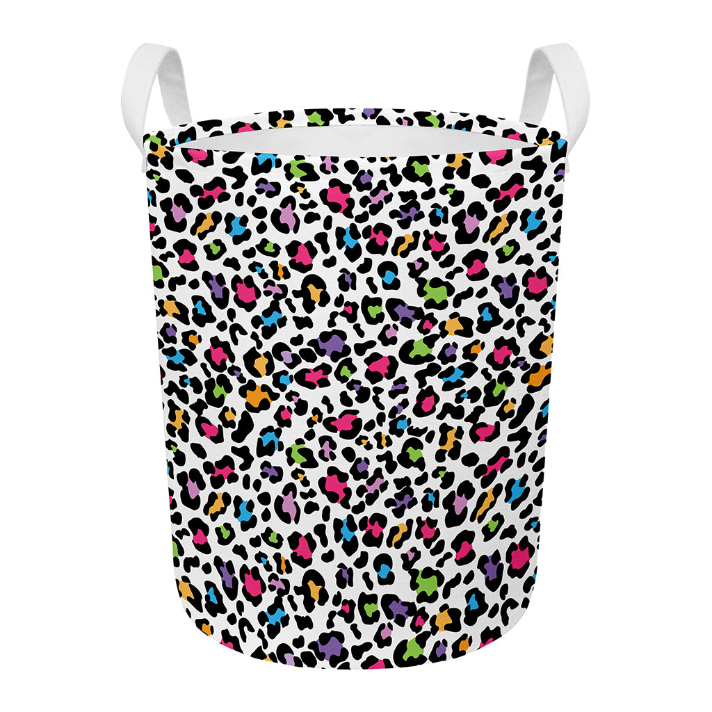 White And Rainbow Leopard Print Round Laundry Basket
