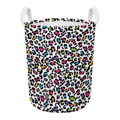 White And Rainbow Leopard Print Round Laundry Basket