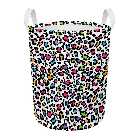 White And Rainbow Leopard Print Round Laundry Basket