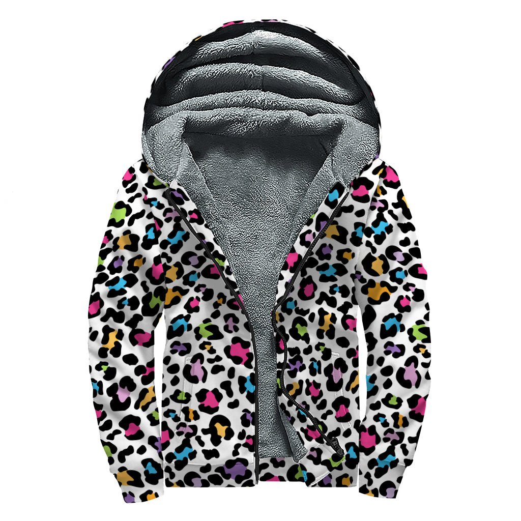 White And Rainbow Leopard Print Sherpa Lined Zip Up Hoodie