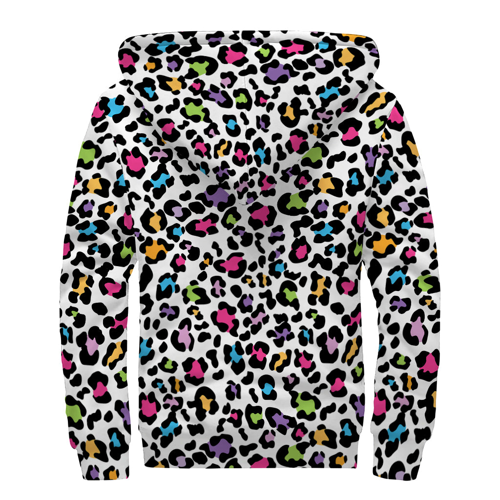 White And Rainbow Leopard Print Sherpa Lined Zip Up Hoodie