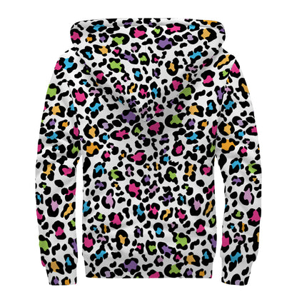 White And Rainbow Leopard Print Sherpa Lined Zip Up Hoodie