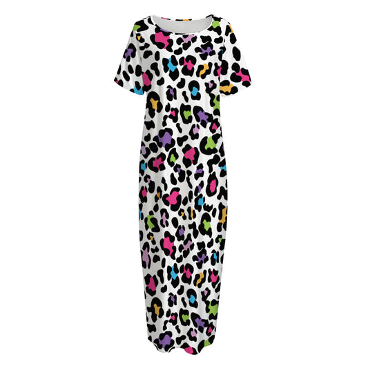 White And Rainbow Leopard Print Short Sleeve Long Nightdress