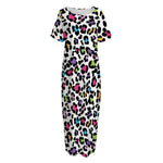 White And Rainbow Leopard Print Short Sleeve Long Nightdress