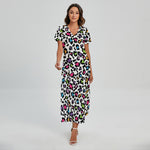 White And Rainbow Leopard Print Short Sleeve Maxi Dress