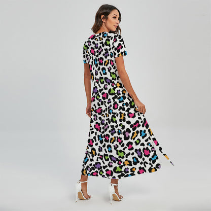 White And Rainbow Leopard Print Short Sleeve Maxi Dress