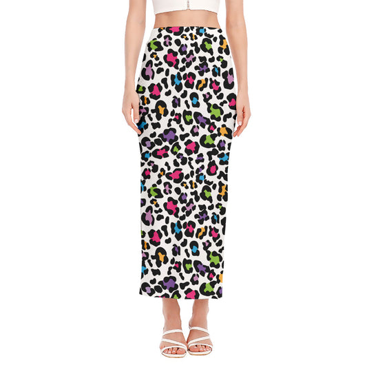 White And Rainbow Leopard Print Side Slit Maxi Skirt