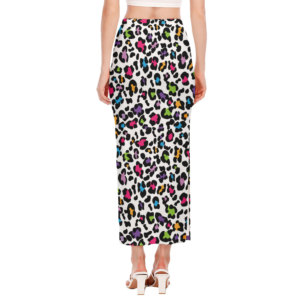 White And Rainbow Leopard Print Side Slit Maxi Skirt
