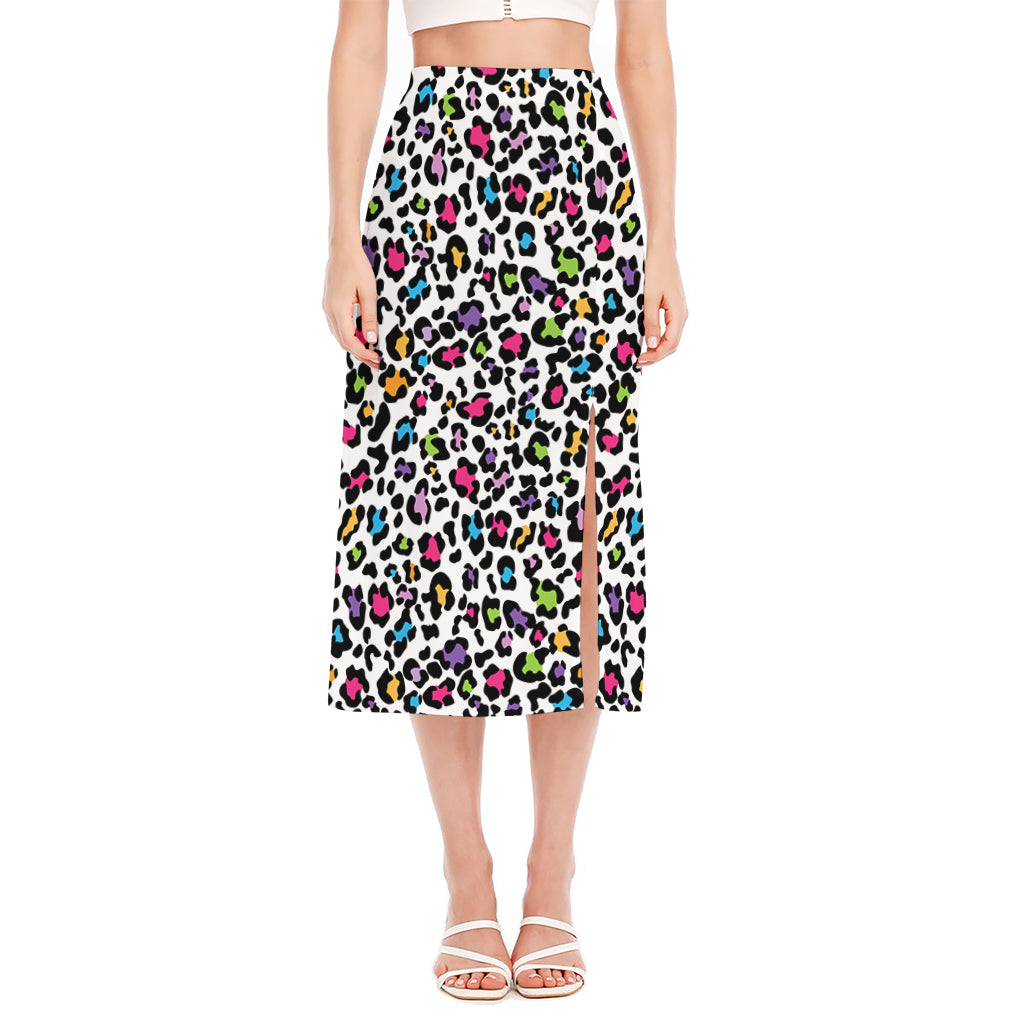 White And Rainbow Leopard Print Side Slit Midi Skirt