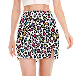 White And Rainbow Leopard Print Side Slit Mini Skirt