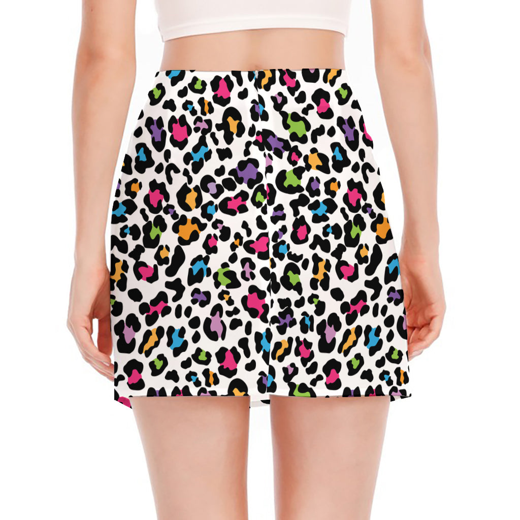 White And Rainbow Leopard Print Side Slit Mini Skirt
