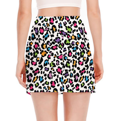 White And Rainbow Leopard Print Side Slit Mini Skirt