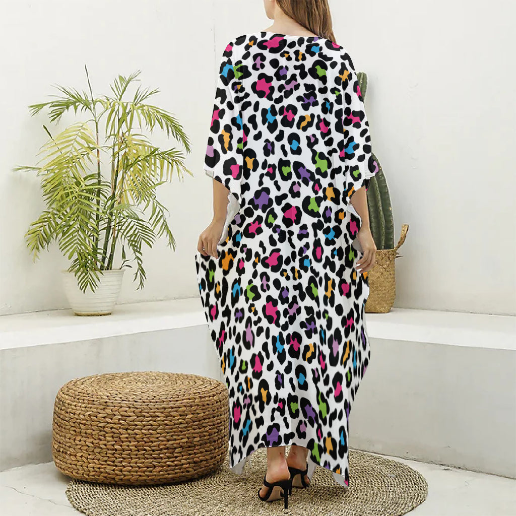 White And Rainbow Leopard Print Silk V-Neck Kaftan Dress
