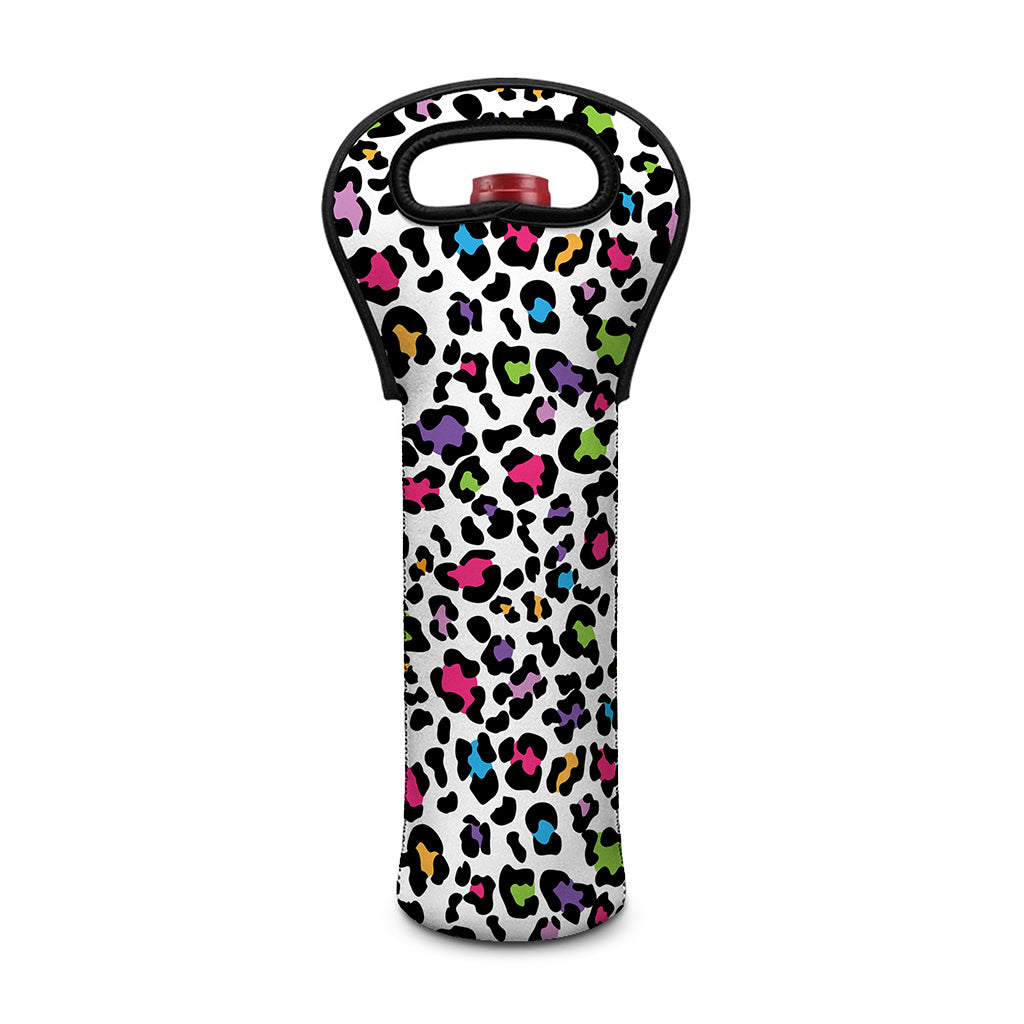 White And Rainbow Leopard Print Single Neoprene Wine Tote