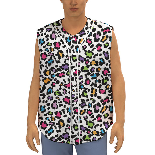 White And Rainbow Leopard Print Sleeveless Baseball Jersey