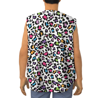White And Rainbow Leopard Print Sleeveless Baseball Jersey