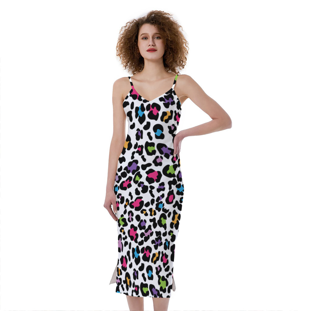 White And Rainbow Leopard Print Slim Fit Midi Cami Dress