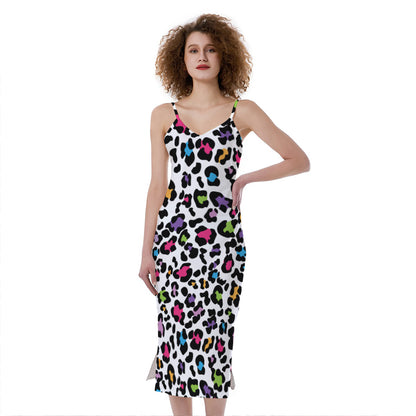 White And Rainbow Leopard Print Slim Fit Midi Cami Dress