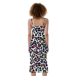 White And Rainbow Leopard Print Slim Fit Midi Cami Dress
