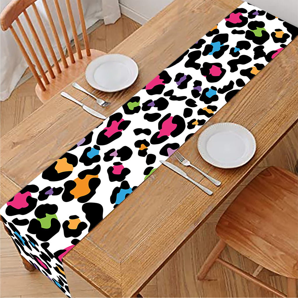 White And Rainbow Leopard Print Table Runner