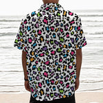 White And Rainbow Leopard Print Textured Short Sleeve Shirt