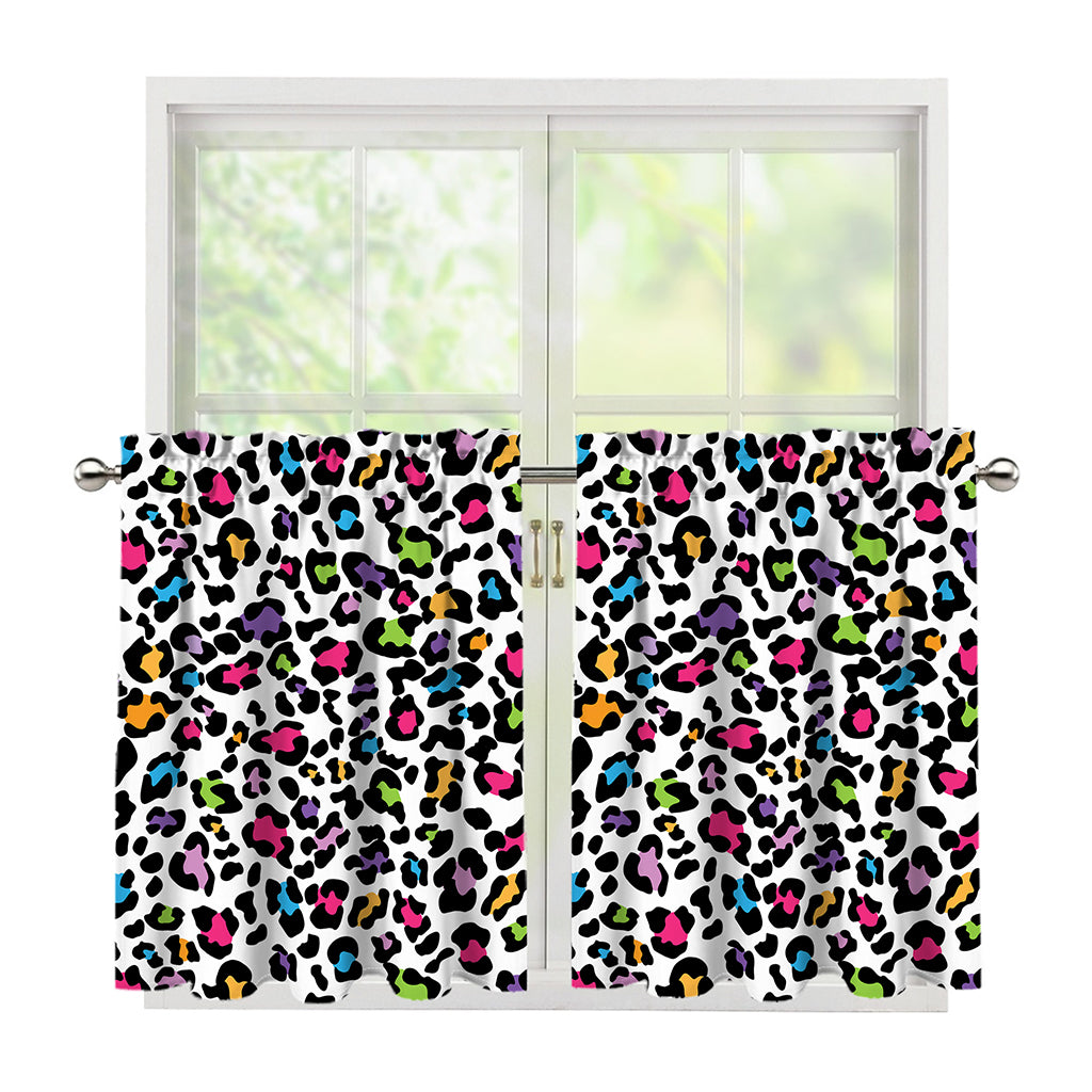 White And Rainbow Leopard Print Tier Curtains