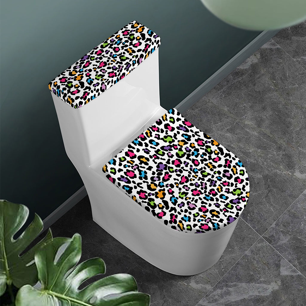 White And Rainbow Leopard Print Toilet Lid And Tank Cover Set