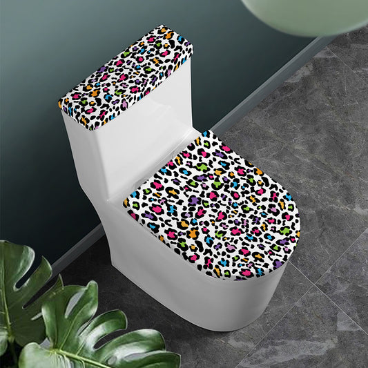 White And Rainbow Leopard Print Toilet Lid And Tank Cover Set