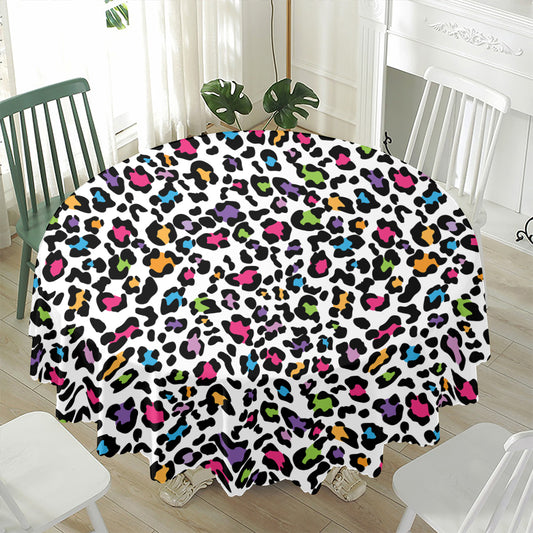 White And Rainbow Leopard Print Waterproof Round Tablecloth