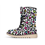 White And Rainbow Leopard Print Winter Boots