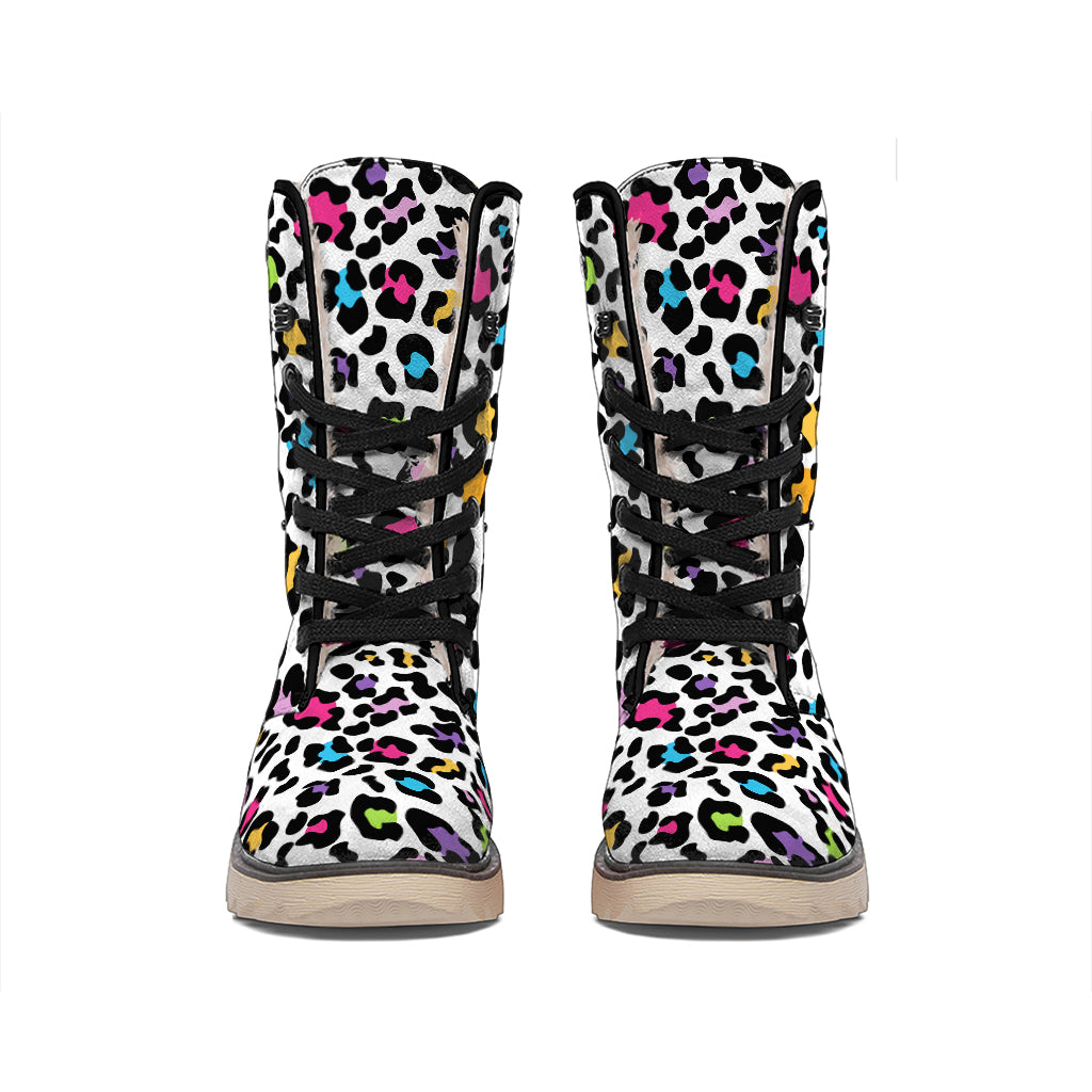 White And Rainbow Leopard Print Winter Boots