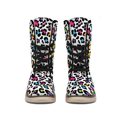 White And Rainbow Leopard Print Winter Boots