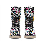 White And Rainbow Leopard Print Winter Boots