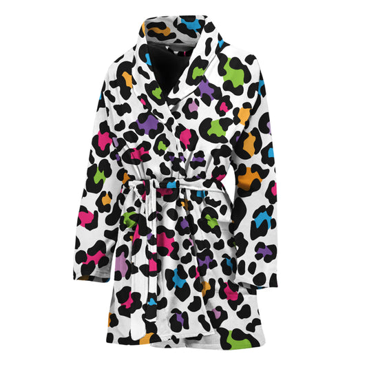 White And Rainbow Leopard Print Women's Bathrobe