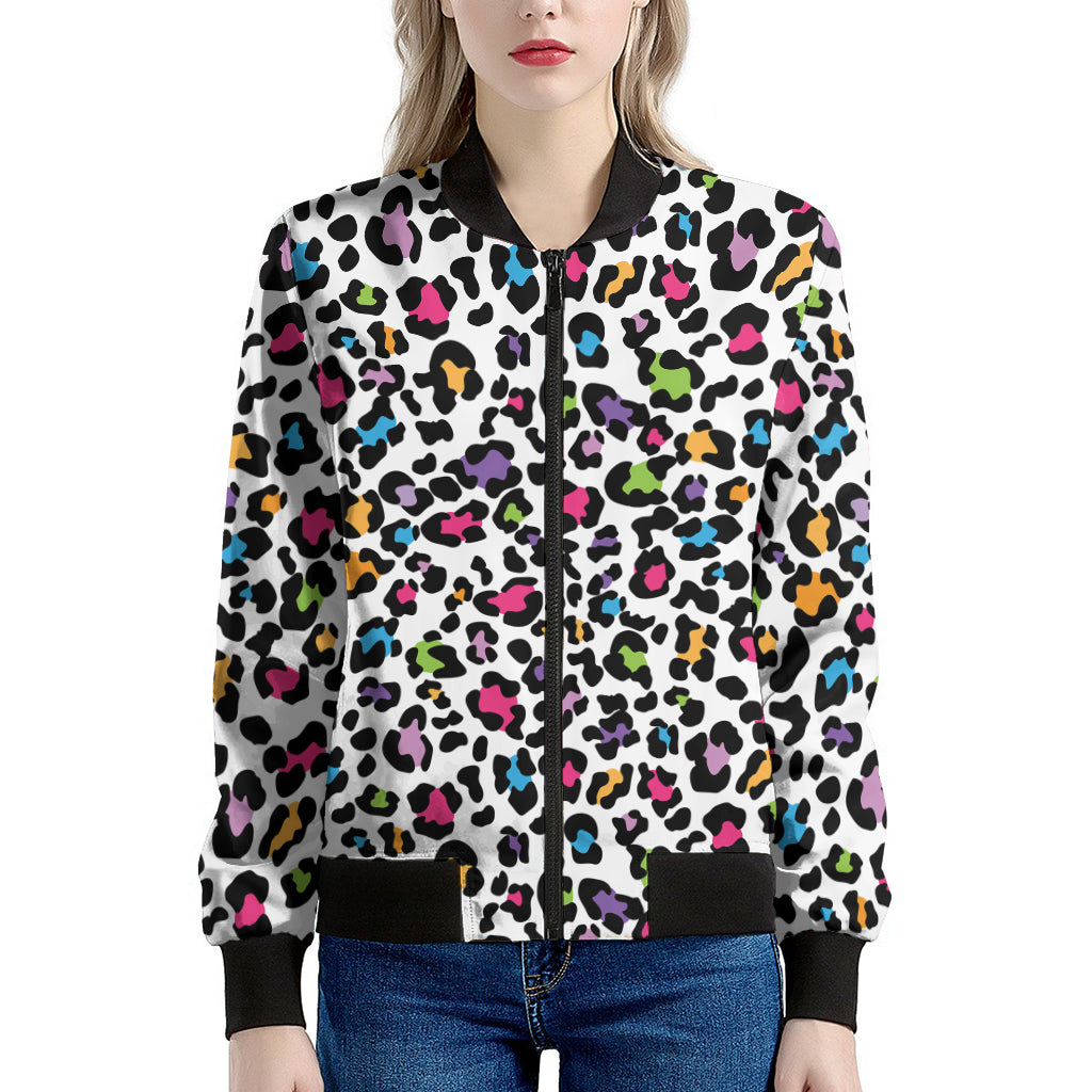 White And Rainbow Leopard Print Women's Bomber Jacket