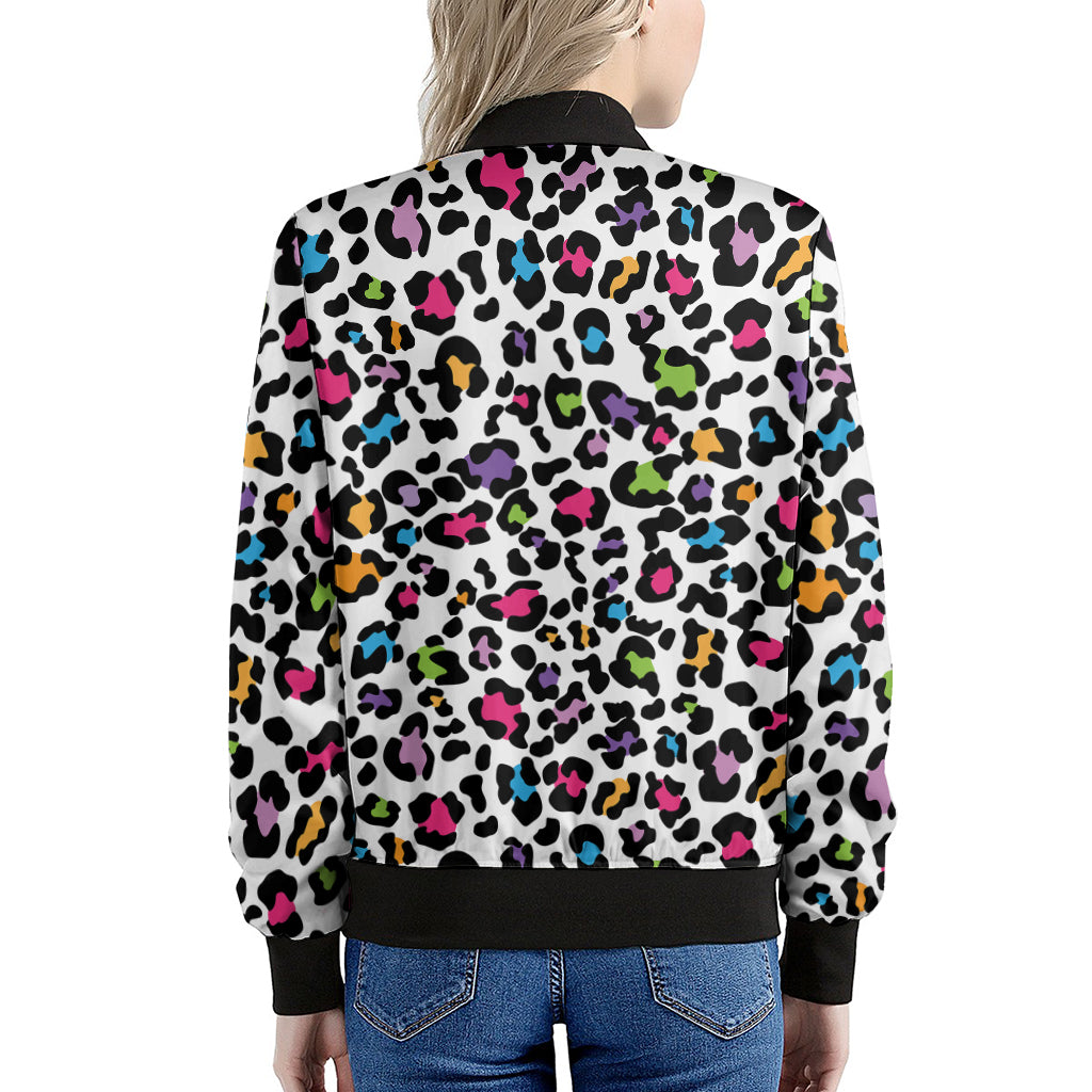 White And Rainbow Leopard Print Women's Bomber Jacket