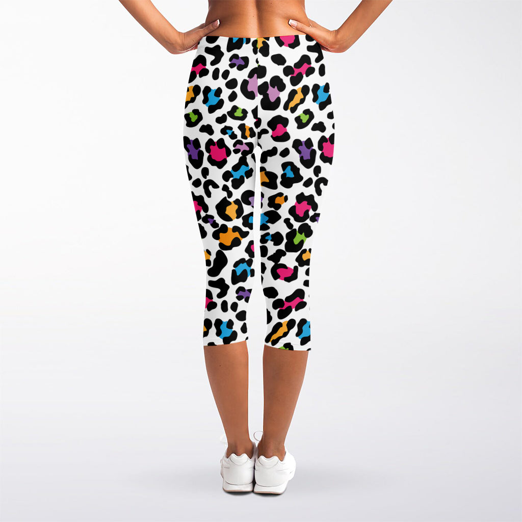 White And Rainbow Leopard Print Women's Capri Leggings